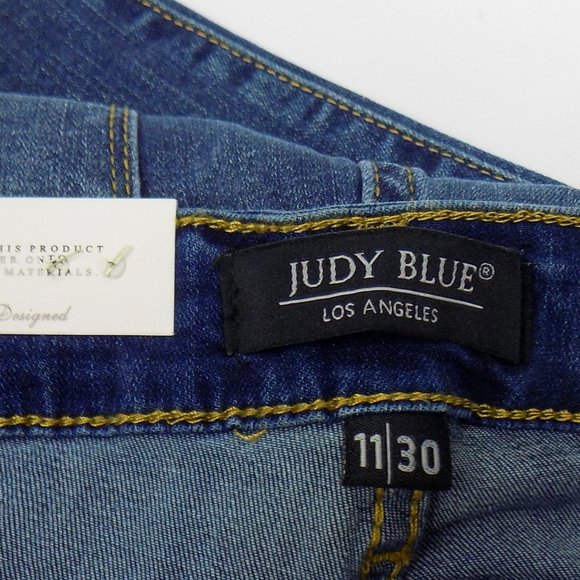 Judy Blue Dark Wash Distressed Skinny Fit Mid-Rise Jeans With Striped Lining NWT - Picture 12 of 14
